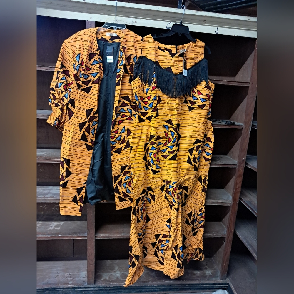 Plus Size Vibrant Orange and Black Patterned Dress and Jacket Set